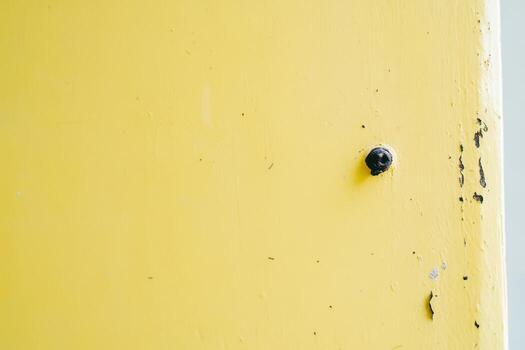 Close-up view of a textured yellow wall with a black screw visible photo