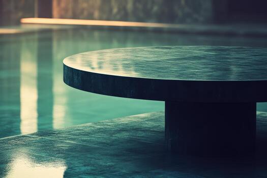 Modern round table beside tranquil swimming pool reflecting sunlight photo