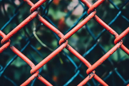 Colorful chain link fence with green background in urban setting photo