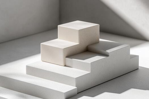 Abstract geometric shapes on layered platforms in natural light setup photo