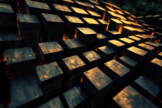 Abstract design of illuminated wooden blocks in dark setting at dusk photo