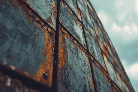Rusty metal surface with textured patterns and cloudy sky backdrop photo