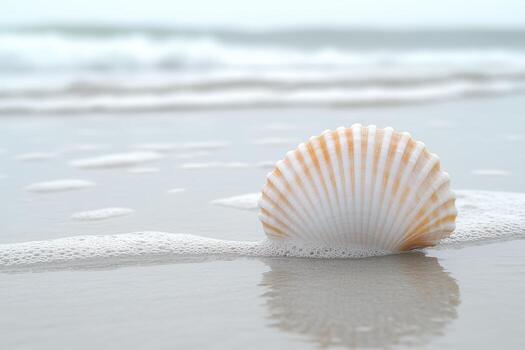 Seashell lies on sandy beach at the edge of gentle waves during gray day photo