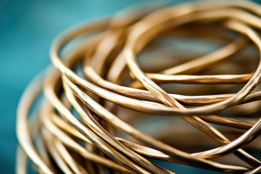 Intricate arrangement of twisted golden wire on a blue surface photo