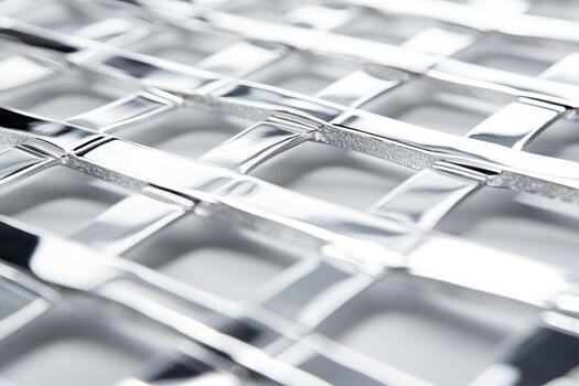 Metal grid close-up showcasing intricate pattern and reflective surface photo