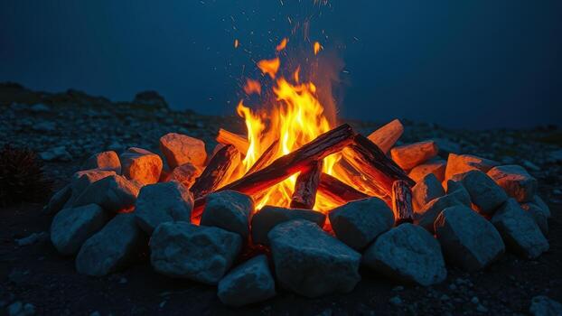 un fuego es ardiente en el oscuro con rocas y registros foto