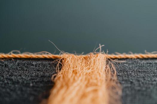 Close-up view of orange rope strands on dark textured fabric surface photo
