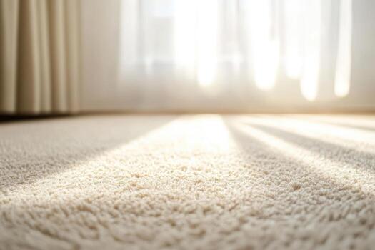 Light streaming through curtains onto soft carpet in a cozy room photo