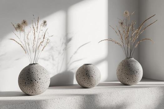 Three round ceramic vases with speckled patterns hold delicate dried flowers photo