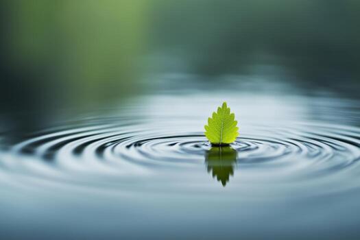 Leaf floating on calm water creating ripples in a serene natural environment photo