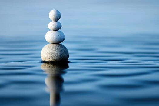 Balancing stones create peaceful arrangement on calm water surface photo