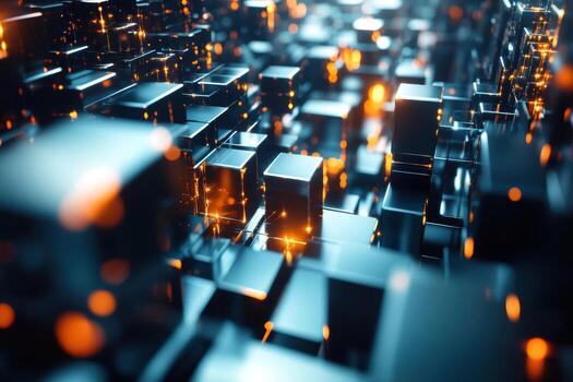 Dynamic grid of colorful blocks illuminated in a futuristic setting photo