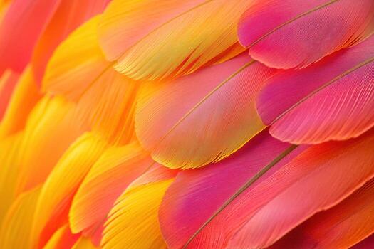 Colorful feathers create a vibrant pattern in warm shades of orange and pink photo