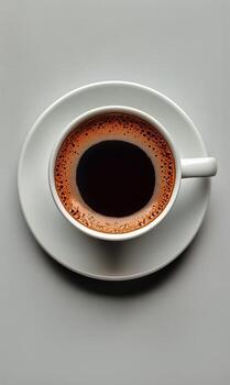 recién elaborada café servido en un blanco taza en un platillo en contra un minimalista antecedentes foto