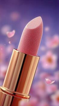 Close-up of a Shiny Pink Lipstick Against a Soft Bokeh Background With Purple Hues. photo