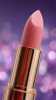 Close-up of a Shiny Pink Lipstick Against a Soft Bokeh Background With Purple Hues photo