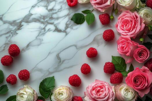 Fresh Pink Roses and Raspberries Arranged on a Marble Surface for an Elegant Display or Decoration. photo