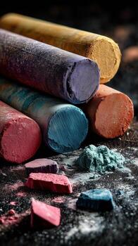 Vibrant Pastel Crayons and Pigments Arranged on a Textured Surface at an Artists Workspace. photo