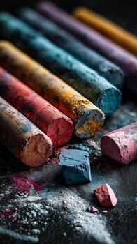 Vibrant Chalk Pastels Arranged on a Dark Surface Create an Artistic Display of Color and Texture. photo