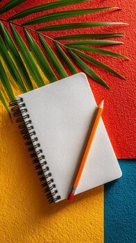 Brightly Colored Desk With a Blank Notebook and Pencil on Textured Paper photo