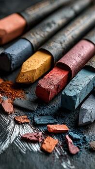 Vibrant Pastel Crayons and Pigments Arranged on a Textured Surface at an Artists Workspace photo