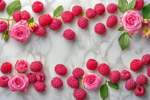 Fresh Pink Roses and Raspberries Arranged on a Marble Surface for an Elegant Display or Decoration photo