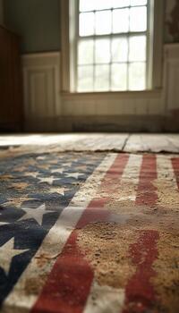 Dusty American Flag on the Floor of an Abandoned Building During Daylight photo
