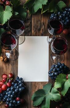 Elegant Wine Setup With Fresh Grapes and Blank Sheet for Invitations or Notes photo
