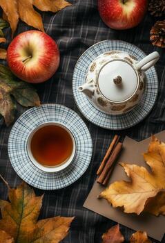 Cozy Autumn Tea Time With Apples and Cinnamon on a Rustic Table photo