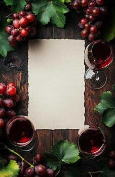 Elegant Wine Setup With Fresh Grapes and Blank Sheet for Invitations or Notes. photo