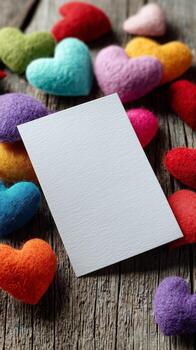 Colorful Felt Hearts on Display With a Note Card in a Creative Arrangement. photo