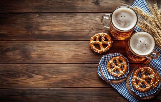 Enjoying Beverages and Pretzels on a Rustic Wooden Table photo