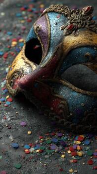 Colorful Decorative Mask With Intricate Designs and Sparkling Embellishments Placed on a Textured Surface. photo