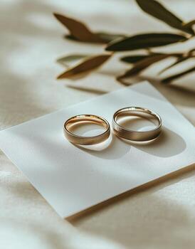 Elegant Wedding Rings Placed on Textured Surface With Soft Shadows and Greenery. photo