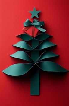 Unique Paper Christmas Tree Design With Decorative Bow and Gift on Red Background photo