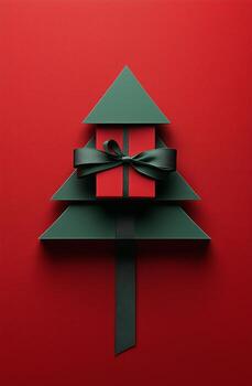 Festive Green and Red Paper Christmas Tree With a Wrapped Gift Displayed on a Vibrant Red Background photo