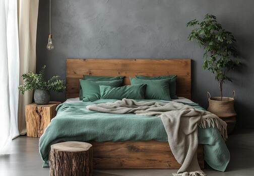 Modern Bedroom With Rustic Decor and Natural Elements in Serene Atmosphere photo