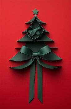 Unique Paper Christmas Tree Design With Decorative Bow and Gift on Red Background. photo
