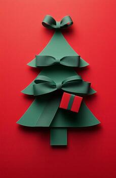 Festive Green and Red Paper Christmas Tree With a Wrapped Gift Displayed on a Vibrant Red Background. photo