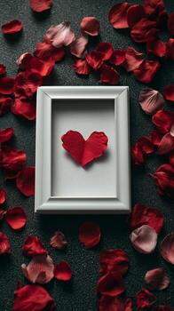 rojo Rosa pétalos rodear un en forma de corazon decoración en un sencillo blanco marco en un oscuro antecedentes foto