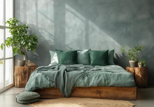 Modern Bedroom With Rustic Decor and Natural Elements in Serene Atmosphere. photo