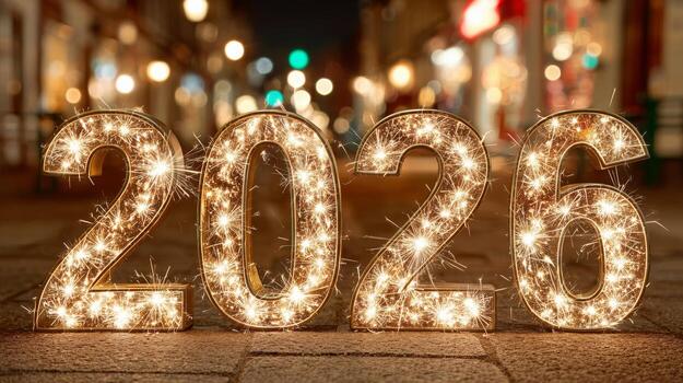 Celebration of the New Year 2026 With Sparkling Lights and Cheerful Atmosphere photo