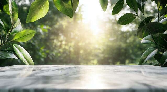 Nature Backdrop With a Bright Sunlight Casting Through Leaves Onto a Stone Surface photo