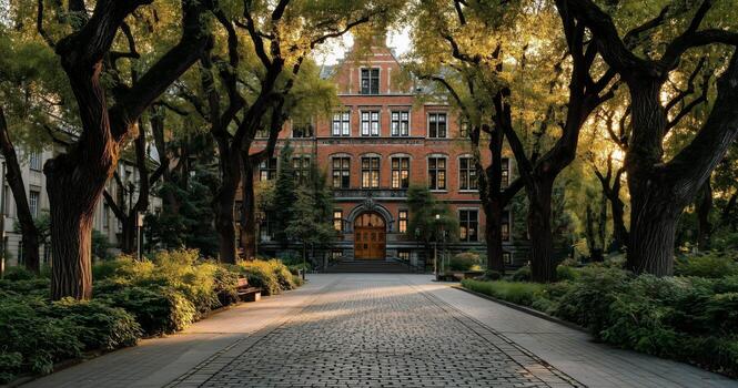 Evening Light Casts a Warm Glow on a Historic Building Surrounded by Lush Trees and Pathways photo