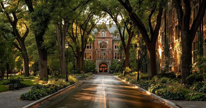 Evening Light Casts a Warm Glow on a Historic Building Surrounded by Lush Trees and Pathways. photo