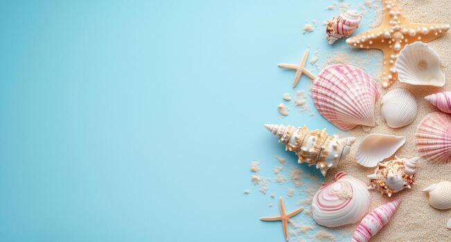 Decorative Arrangement of Seashells and Starfish on Sandy Beach Background for Summer Themes photo