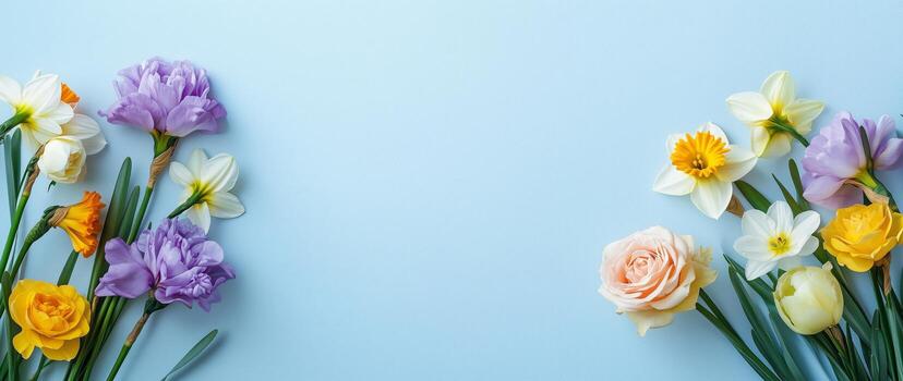 Bright and Colorful Spring Flowers Arranged on a Light Blue Background in a Joyful Display of Nature photo