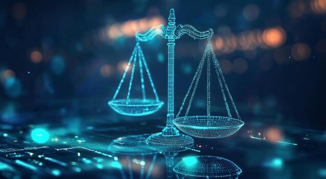 Symbol of Justice Balancing Scales With Digital Background Representing Law and Order. photo