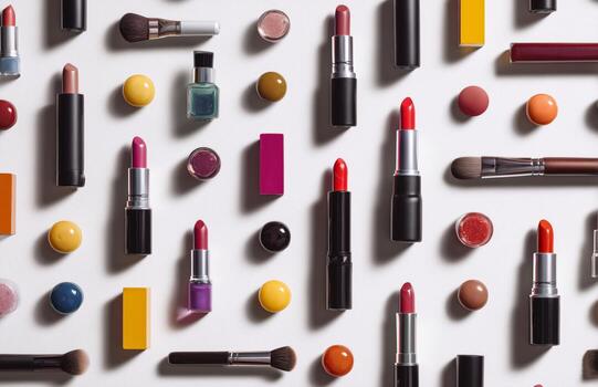 Colorful Array of Makeup Products Displayed on a White Surface photo