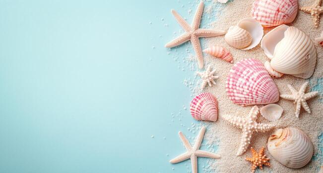 Decorative Arrangement of Seashells and Starfish on Sandy Beach Background for Summer Themes. photo
